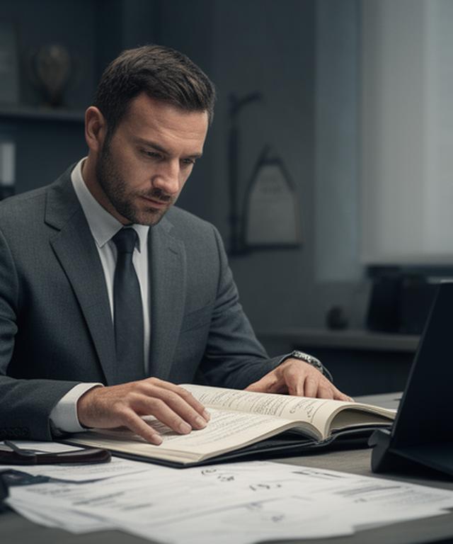 Javier López revisando un expediente penal en un despacho sobrio con portátil y notas manuscritas